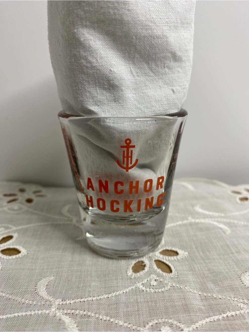 Vintage Anchor Hocking Shot Glass Red Graphics Measuring Teaspoons Tablespoons
